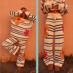 POL SET Striped Knit Sweater and Pants with Floral Design